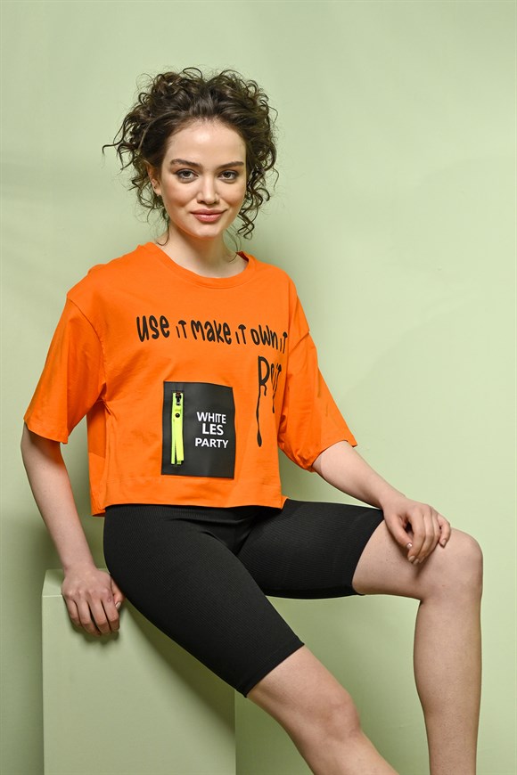 10229-Baskılı T-shirt - Oranj-10229-072-Nefise