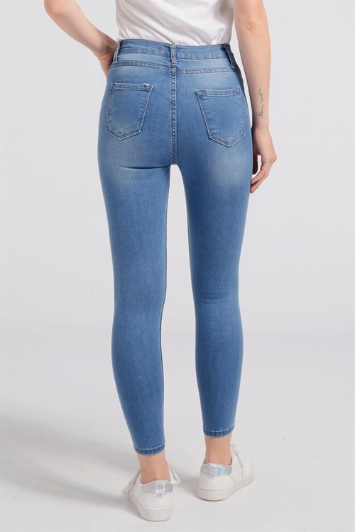10119-Yüksek Bel Yırtık Detaylı Skinny Jeans - Mavi-10119-066-Nefise