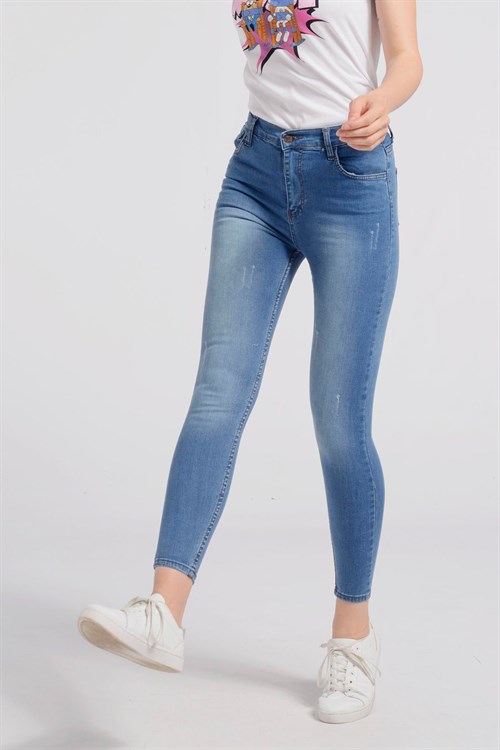 10119-Yüksek Bel Yırtık Detaylı Skinny Jeans - Mavi-10119-066-Nefise
