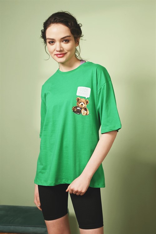 10226-Baskılı T-shirt - Yeşil-10226-107-Nefise