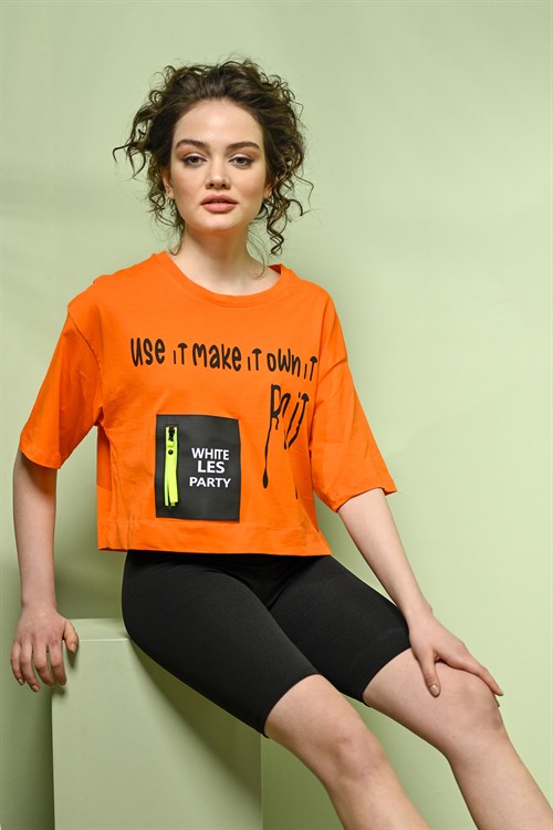 10229-Baskılı T-shirt - Oranj-10229-072-Nefise