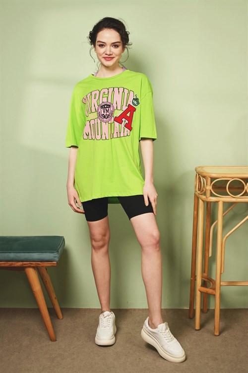 10232-Baskılı T-shirt - Neon Yeşili-10232-130-Nefise