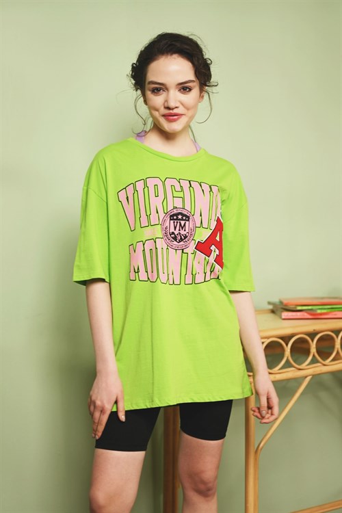 10232-Baskılı T-shirt - Neon Yeşili-10232-130-Nefise