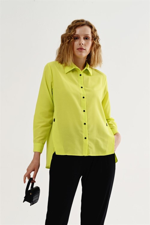 21496-Yanları Çıtçıtlı Gömlek - Neon Yeşili-21496-130-Nefise