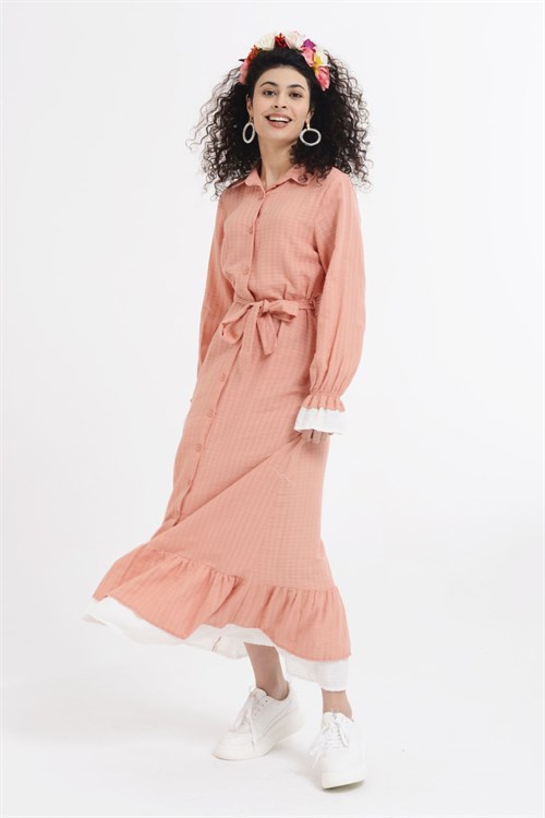 Eteği Fırfırlı Kuşaklı Elbise - Pudra-21080-07-Nefise