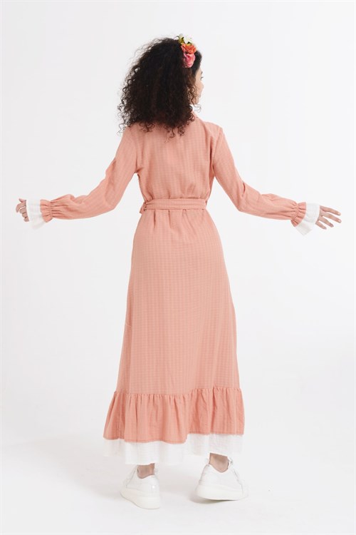 Eteği Fırfırlı Kuşaklı Elbise - Pudra-21080-07-Nefise